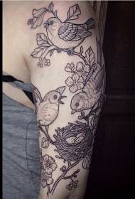 Nagy fekete vonal madár fészek és virágok madár tetoválás minta