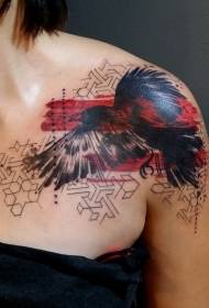 Plecu melnā un sarkanā lidojošā putna tetovējuma raksts