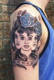 Голяма ръка стара жена училище и синьо цвете писмо татуировка модел
