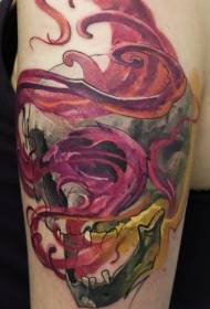 Modello di tatuaggio colorato a forma di teschio e braccio colorato in stile tradizionale moderno