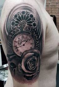 Didelės rankos tikroviškas nespalvotas laikrodis su rožių tatuiruotės modeliu