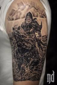 Iso käsivarsi upea musta harmaa keskiaikainen soturi tatuointi malli