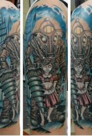 Robot kartun lengan besar dan pola tato gadis zombie