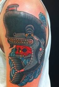 Balena blu vecchia scuola con motivo tatuaggio teschio rosso