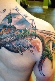 Плечі барвисті мультфільм роги та острів татуювання візерунок
