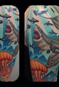 Wzór tatuażu kolorowy rekin morski i meduza