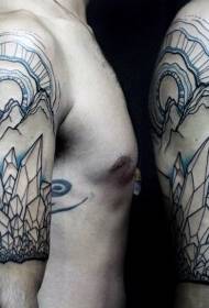 Muške ruke crne i plave linije planine i kristalni uzorak tetovaža