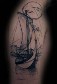 帆船黑色线条大臂纹身图案
