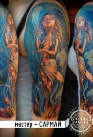 Rankos iliustracijos stiliaus gražus jūros dugnas su mergaičių tatuiruotės modeliu