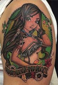 Vajza vizatimore vizatimore me pak ngjyra vajzës indiane me shkronja dhe model lule tatuazhesh