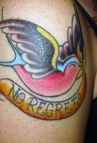 Big arm traditional colorful bird and english alphabet tattoo pattern