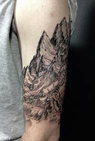 Modello di tatuaggio di montagna nera in stile intaglio a grande braccio