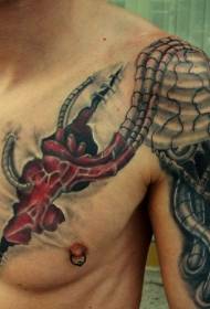 Corazón de polbo con ombreiro con patrón de tatuaxe pintado mecánico