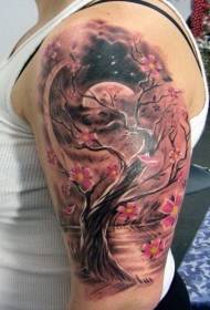 Arbre de préssec de color braç gran i patró de tatuatge de paisatge