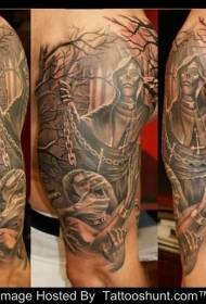 Grande modello del tatuaggio del diavolo e del cimitero nero e grigio