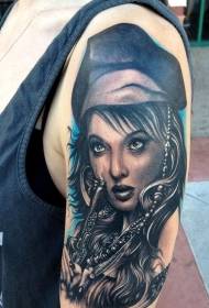 Big arm realistic color beautiful woman portrait tattoo pattern