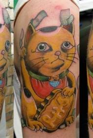 Jauns skolas krāsains japāņu laimīgā kaķa un naudas tetovējuma raksts