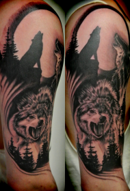 Grande conception de tatouage humeur forêt loup style noir et gris