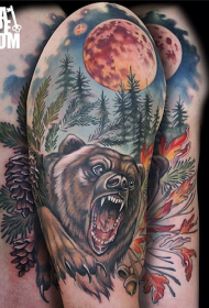Grote arm oude school kleur bos brullende beer tattoo patroon