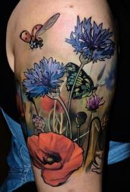 Bigbow sommerfugl og marihøns vildblomst malet tatoveringsmønster