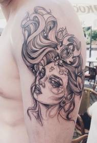 Didelės rankos eskizo stiliaus juodos fantazijos moteris su papuošalų tatuiruotės modeliu