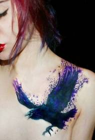 Fantasy watercolor crow tattoo pattern for girls shoulders