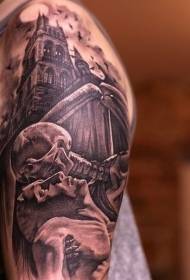 Big swart en grys styl skreeuse kerk met skedel skelet tattoo patroon