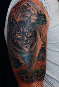 Modello di tatuaggio da uomo con gatto selvatico dipinto di barrow e gatto selvatico