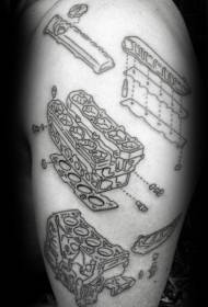 Црна линија разних делова тетоваже делова мотора