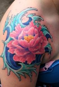 Flor xaponesa de ombreiro rosa e patrón de tatuaje ondulado