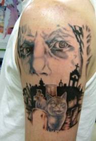 Hand mysterious colored cat and graveyard with man portrait tattoo pattern