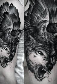 Чорна-белая гравіроўка ў стылі татуіроўкі ваўчыных варонаў
