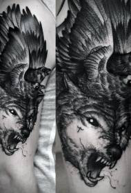 Modello di tatuaggio del corvo lupo ruggente stile incisione in bianco e nero