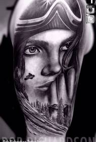 Big black and white cute girl and ski tattoo pattern
