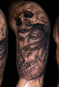 Arm traditional black and white mysterious woman with skull helmet tattoo pattern