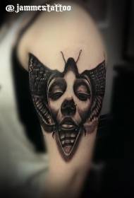 大臂黑灰风格昆虫与女性脸纹身图案