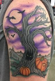 Big arm cartoon color night moon and bat pumpkin tattoo pattern