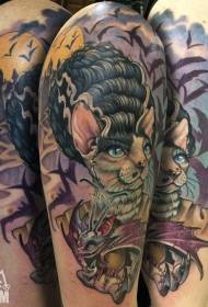 Modern style mysterious cat witch with castle tattoo pattern