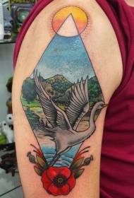 Cisne xeométrico de gran brazo e patrón de tatuaxe de flores