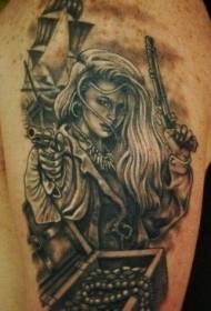 Naoružajte crno-bijele prekrasne piratske ženske tetovaže uzorak