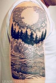 Проста чорна лінія лісу з малюнком татуювання місяця