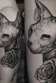 Sphinx tatoveringsmønster for kat og blomsterlinje