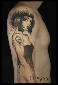 Ilustración de brazo grande estilo mujer negra con patrón de tatuaje de calavera