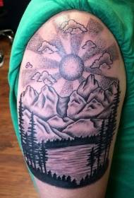 Store svarte spiss torn fjell og sol tatovering mønster