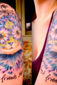 Modello di tatuaggio di gatto e lettera carino stile illustrazione spalla