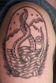Big arm black line wave octopus tattoo pattern