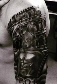 Grand motif de tatouage de guerrier spartiate et d'arène romaine noir et blanc