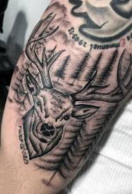 Grouss Aarm Carving Stil Schwarz Bësch an Hirs Tattoo Muster