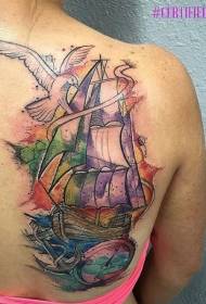 Takaisin akvarellityylisellä purjekompassilla ja lintujen tatuointikuviolla