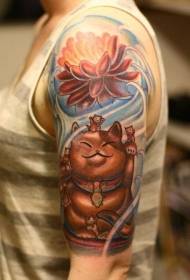 Estatua de gato colorido brazo afortunado e patrón de tatuaxe de loto